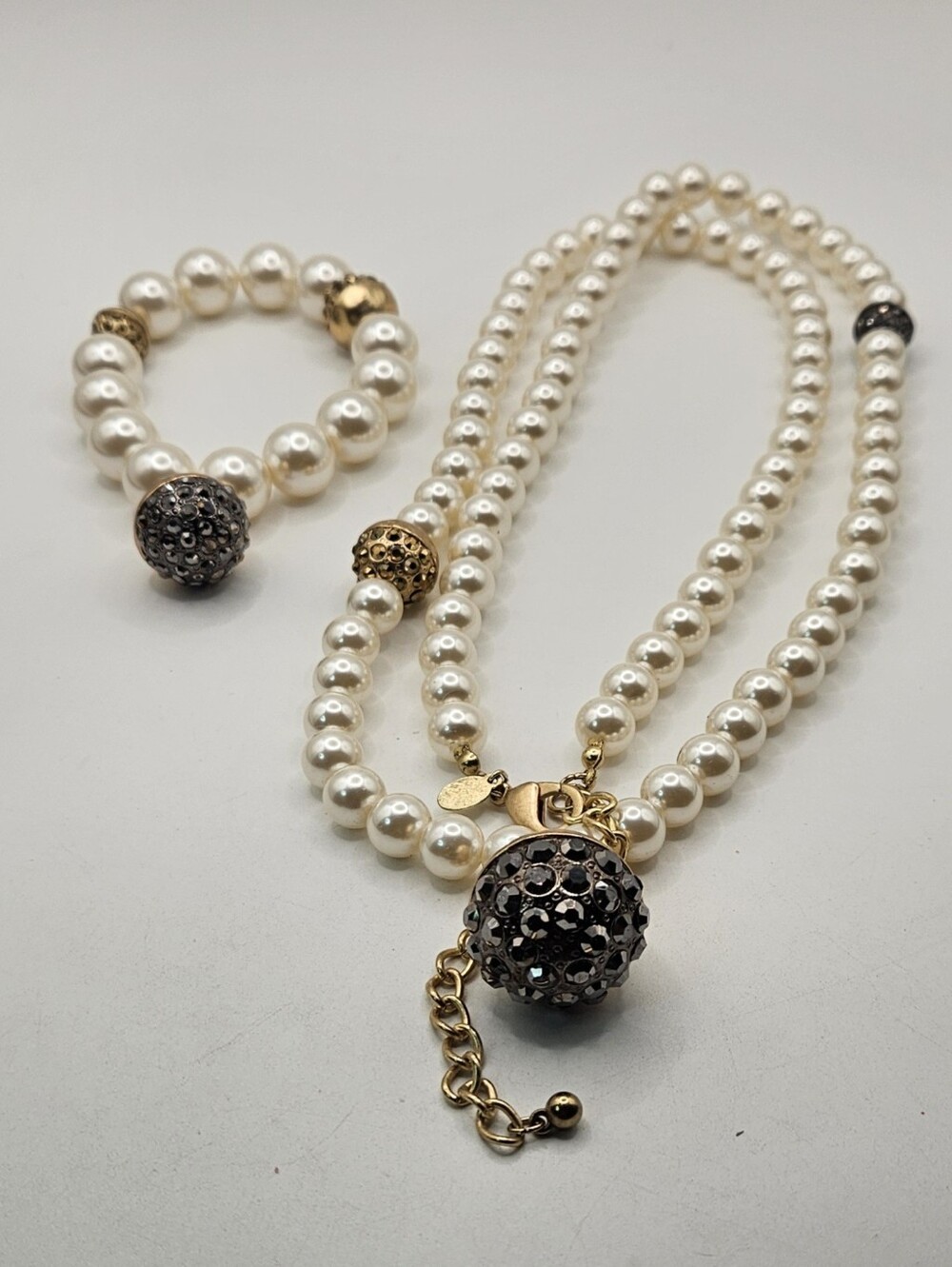 Chicos Faux Pearl Necklace Bracelet Set Pave Rhinestone Disco Ball 21" - Picture 1 of 10